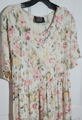 90s VTG More Jazz Floral Midi Dress Tie Back Cottagecore Boho Pleated Roses 3XP