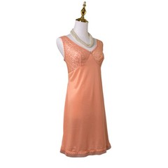 Vintage 60s Schiesser Peach Nylon Sheer Lace Pointy Bust Full Slip Dress Size M