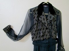 Vintage 80s Disco Dance Club Sheer Sleeve Velvet Vest Gold Metallic Jumpsuit PXS