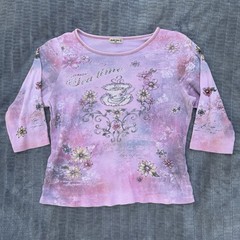 VTG Y2K Studio Gem Tea Time Graphic Top Pink Watercolor Rhinestone Fairycore L