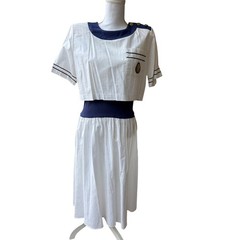 Vintage Nautical White Navy Blue Short Sleeve Midi Dress Gold Crest Buttons M