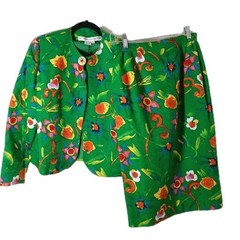 Vintage ANNE CRIMMINS for UMI Collections 2 Piece Set Jacket Skirt Green Floral