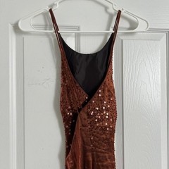 vintage orange metallic beaded evening maxi dress with open back and side slit