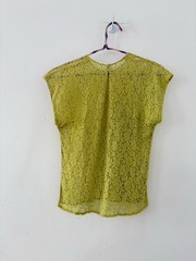 50s Chartreuse Sheer Floral Lace Flutter Cap Sleeve Top Keyhole Bateau Neck XS/S