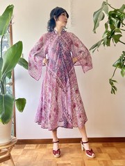 VTG 70s Adini Indian Cotton Metallic Caftan Dress Angel Sleeve Pink Gauze Boho