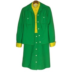 Vintage 1960s California Girl Size 12 Dress Green Mod Stripe Yellow Jacket Set