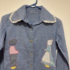 Vtg JC Penney Shirt Blue Chambray Applique Girl Boy Flower Button Blouse Sz S