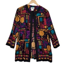 Lady Carol Womens Size 12 Multicolor Geometric Floral Open Front Jacket Vtg