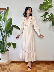 VTG 70s Lace Bib Crochet Trim Cotton Prairie Maxi Dress XS/S Cottagecore