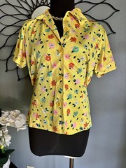 Vintage Collared Top Floral Polyester Button Front 1960s 1970s Hippy Mod M