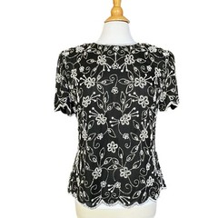 Vtg Laurence Kazar New York Evening Top Large Black Silver White Beaded Sequin