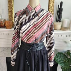 Vintage 70s Striped Button Up Shirt White Brown Retro Dagger Collar Size 10