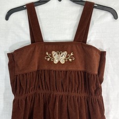 Vtg 70s Boho Brown Velvet Jumper Mini Dress Sz 10 Embroidery Butterfly Applique
