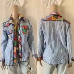 Vintage 70s Betmar rayon polyester faux patchwork striped long sleeve shirt top