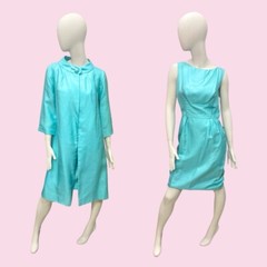 MAD MEN 1950’s Sky Blue Silk Shantung Cocktail Dress and Coat Set