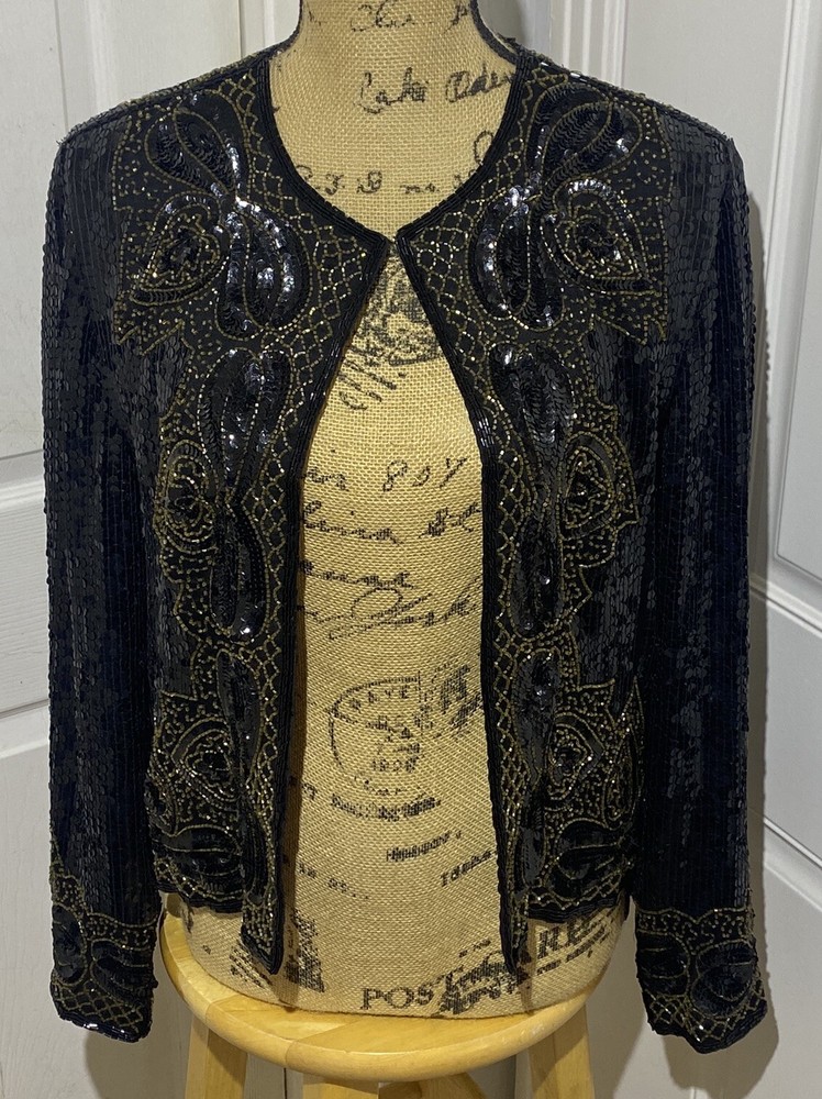 Nite Line Evening Jacket Sequins Beaded Black & Gold 100% Silk Women’s M