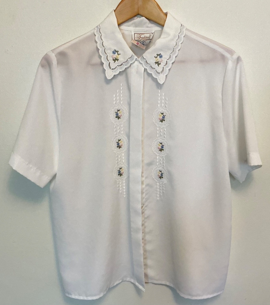 VTG 80s Sears Tradition White Embroidered Blouse Lace Collar Cottagecore Sz 12