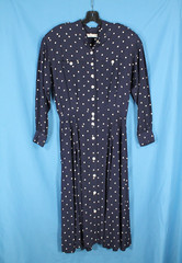 VTG LIZ CLAIBORNE PETITE Crepe NAVY/POLKA DOT Pleated BUTTON-UP SHIRT DRESS 12P