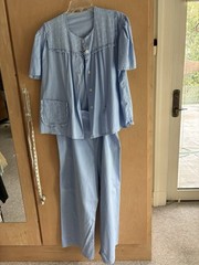 Vtg 1940s-50s High Waist Wide Leg Cotton PJ Set Side Buttons + Rayon Floral Top