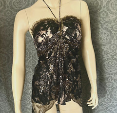 Altered Couture Black & Gold Silk Camisole, 1900-1920s Sequined Tulle, Petite XS
