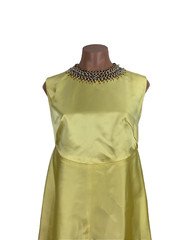 Vintage M Taffeta Yellow Gown With Glass Beads High Neck Fringe Bow Back 1960s