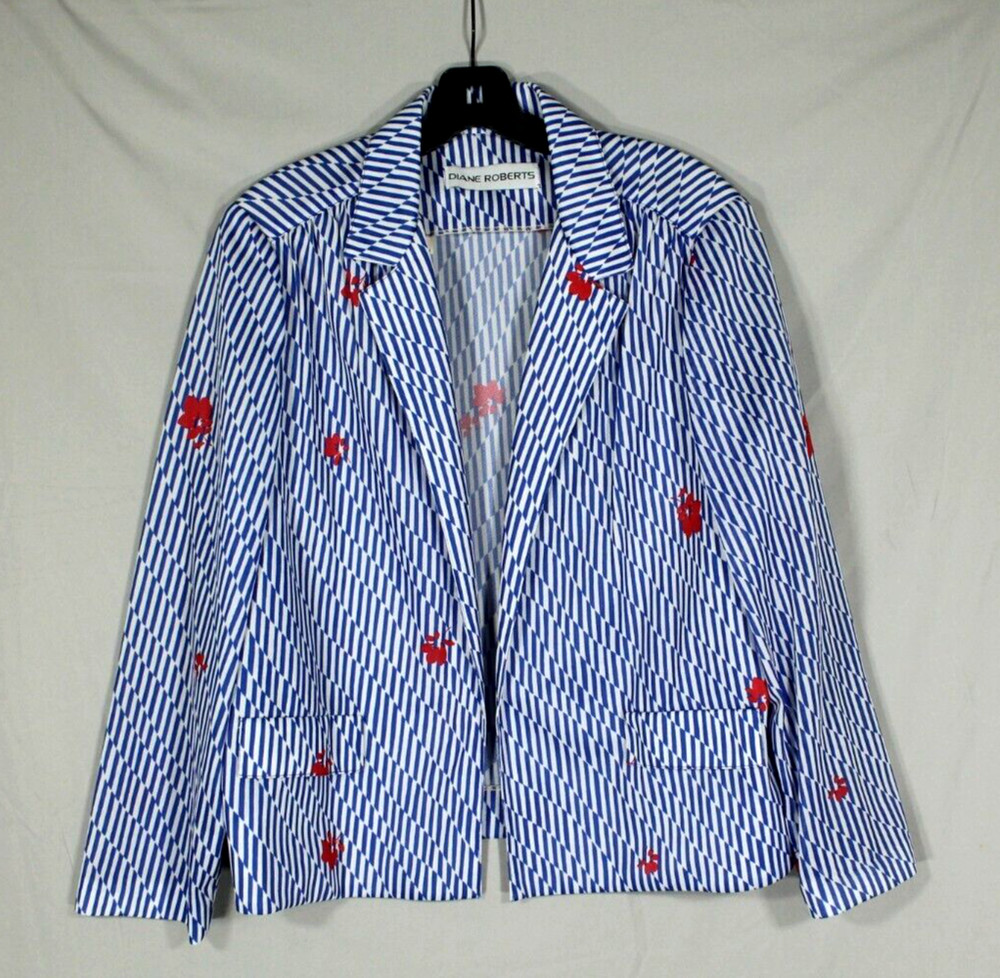 VTG DIANE ROBERTS Open Front POLY-KNIT Blue FLORAL STRIPES Jacket/Topper Sz 20