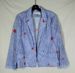 VTG DIANE ROBERTS Open Front POLY-KNIT Blue FLORAL STRIPES Jacket/Topper Sz 20