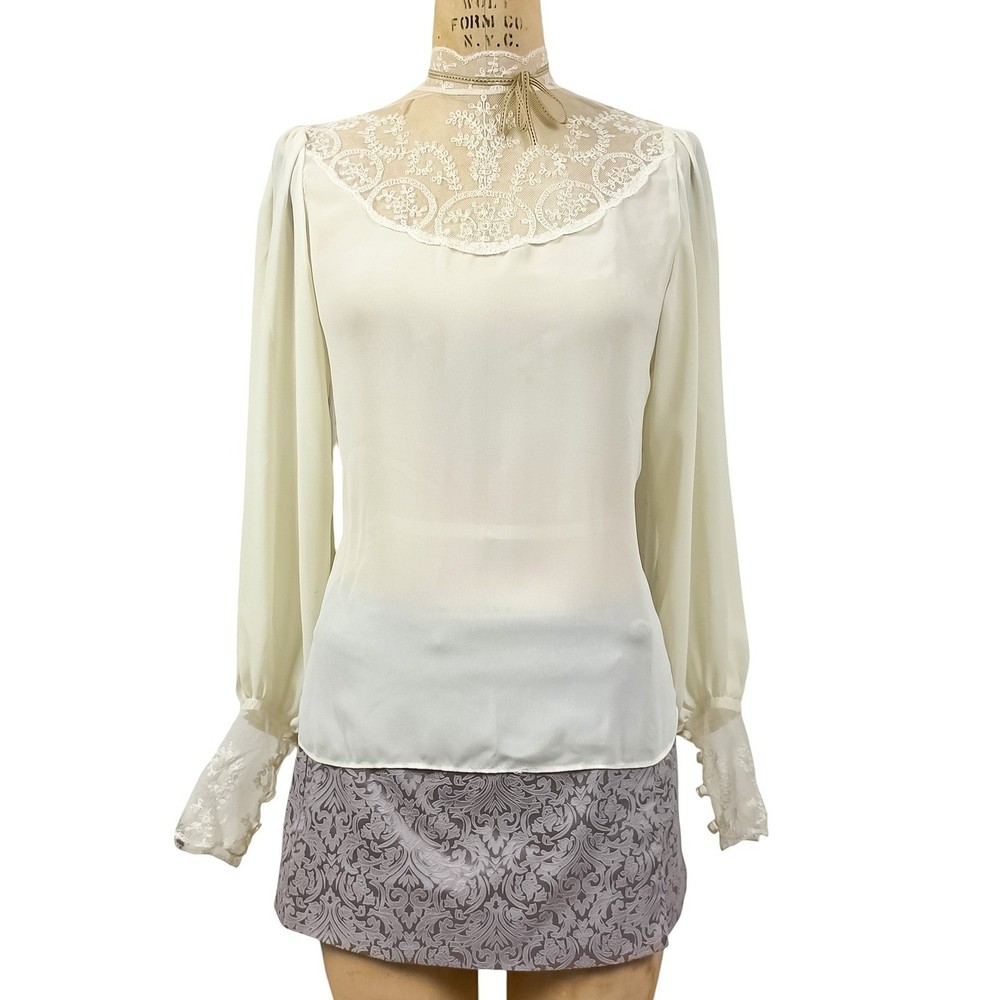 Vintage Victorian Lace Yoke Blouse High Neck Balloon Sleeve Romantic Cream Small