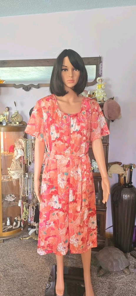 Vtg 60s Lady Bird Classics Floral Polyester Shift Dress Coral Orange Size 24 1/2