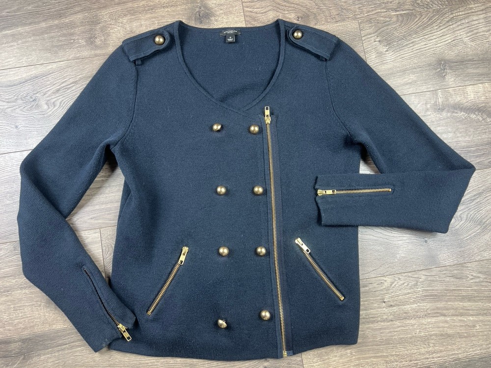 Ann Taylor Navy Military Style Zip Up Jacket Sweater Wool Cotton Blend Size S