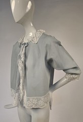 ROMANTIC 1960’S BABY BLUE WOOL JACKET W WHITE VALENCIENNES LACE TRIM