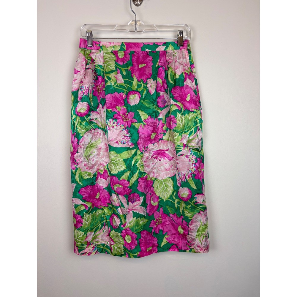 Anne Crimmins Umi Collections Skirt 10 Green Pink Floral Silk Vintage Pencil