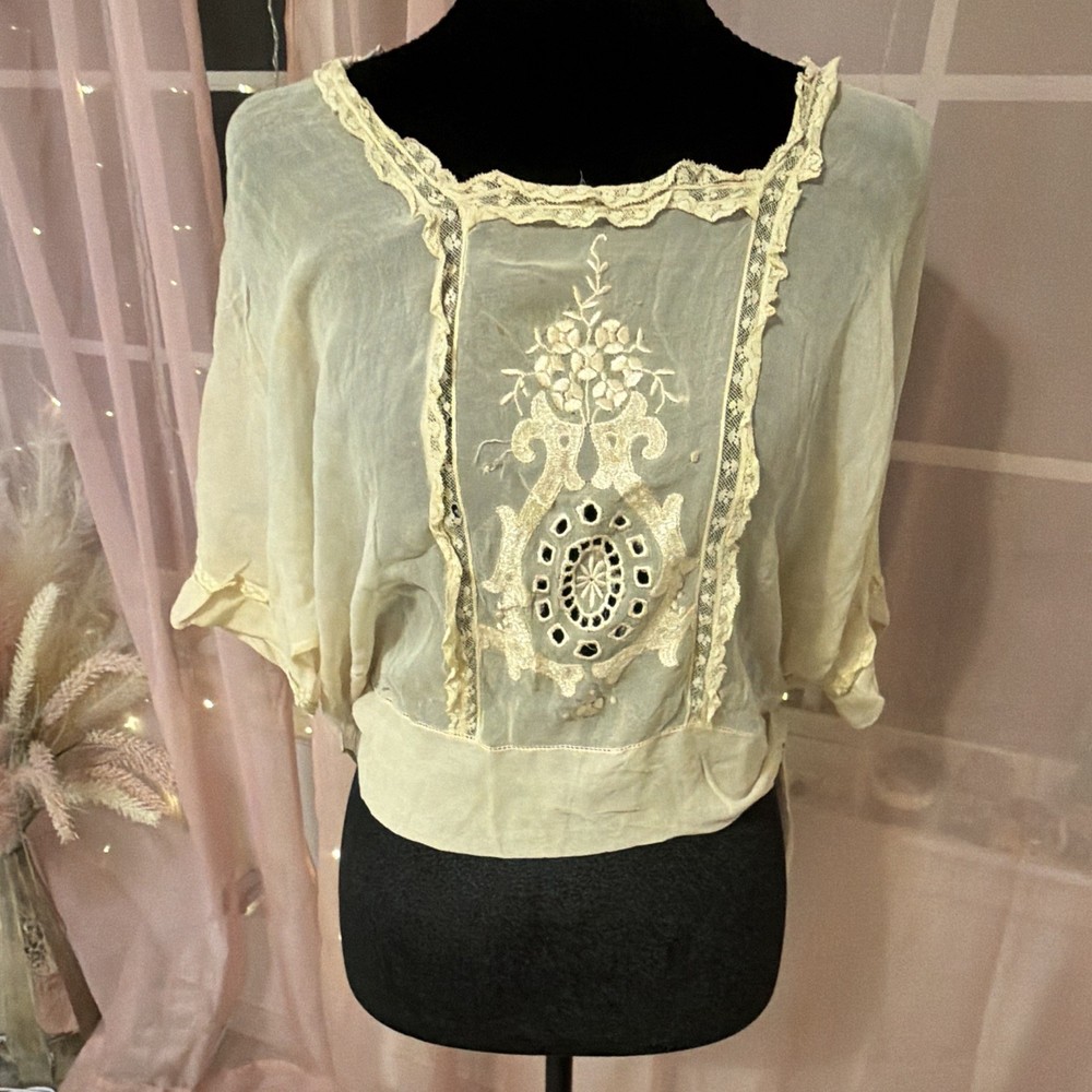 Vintage 1920s Sheer Embroidered Blouson Blouse Flapper Batwing Lace Top As-Is
