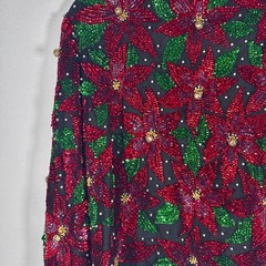 Vintage Laurence Kazar XL Red Sequin Poinsettia Silk Beaded Christmas Jacket