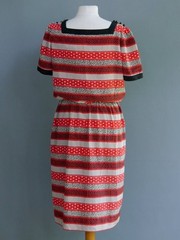 Vtg 80s Secretary Dress Red Black Stripe Square Neckline Silky Blouson M 12