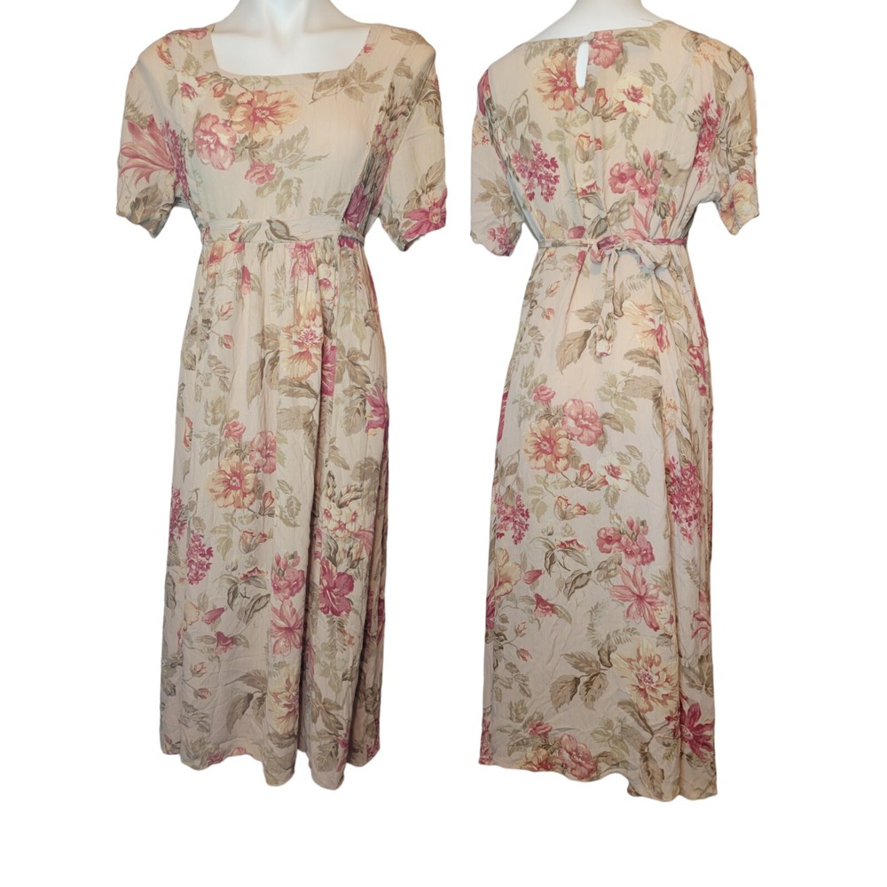 Vtg Nostalgia Beige Floral Long Dress Size Small Short Sleeves Ties In Back