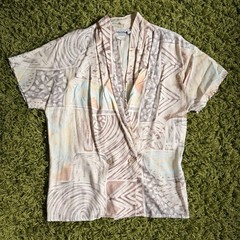 Vintage 70s Draped Rayon Print Blouse | Neutral Abstract | Shawl Collar | Size L