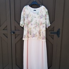 Vtg 90s Helene Blake 20W Peach Blush Chiffon Dress Floral Lace Overlay Formal