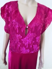 VTG Jenelle of California Fuchsia Hot Pink Floral Satin Long Nightgown Plus 1X