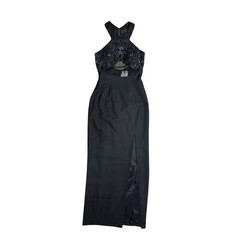 Alyce Design Peacock Sequin Jewel Black Slit Maxi Mesh Keyhole Dress Sz 6 VTG 80