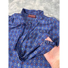 Ragazza Vtg 80s Blue Geometric Diamond Bow Tie Neck Button Up Secretary Blouse