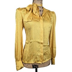 La Chine Classic Galinda Wang Vtg. Mustard Yellow Paisley Jacquard Bow Blouse 4