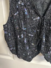 VGC Vtg 70s Disco Black Sequin Glam Rock Cropped Club Vest Top Size Small Beaded