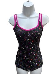 Vtg 80s Gabar Ditsy Floral Bathing Suit 10 One Piece Belt Tie Black Colorful Wow
