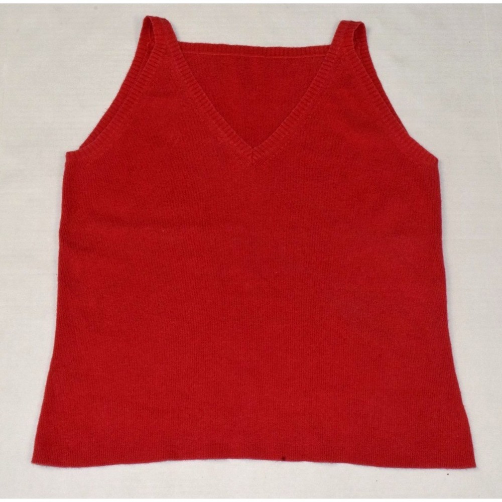 Vintage Knit Tank Top White Stag Size M 90s Red Ramie Cotton Stretch V-Neck