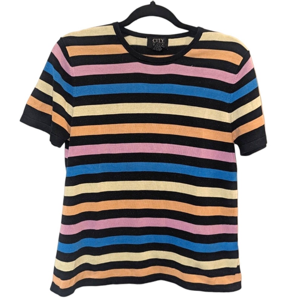Vintage City Silk Striped Multicolor Silk Knit Blouse Retro 90s Style – Size M