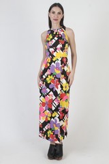 Vtg White Cotton Sundress Barkcloth Hawaiian Open Back Tiki Luau Maxi Dress