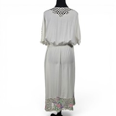Vintage 70s White Floral Embroidered Crochet Lace Maxi Dress Elastic Waist Boho