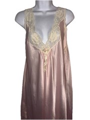 Vintage Baby Pink Satin And Ivory Lace maxi Nightgown With Rosebud Appliqué Sz M