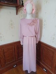 Vintage 1970s/80s Union-Made Pink Chiffon Maxi-dress w/Satin + Pearl Accents
